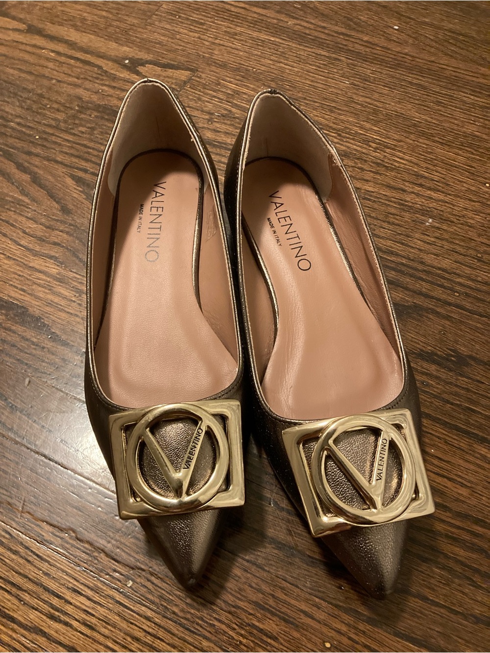 Valentino Brown Pointed Leather Flats with Gold Logo Buckle
